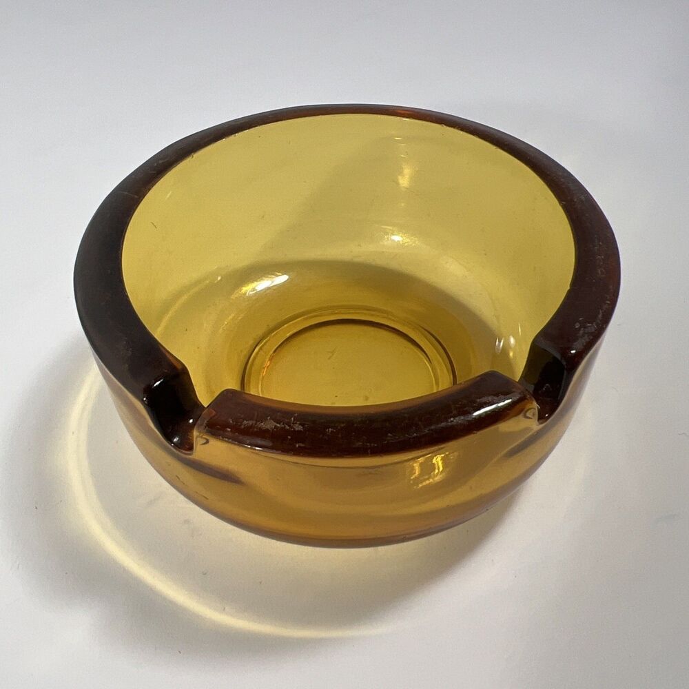 Vintage - Amber Glass - Round - Cigarette Ashtray - 2 Slot Rounded Bottom 3.75"